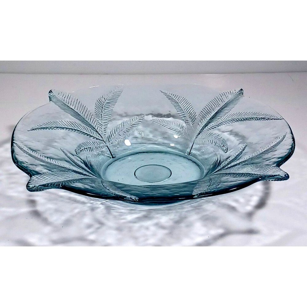 Blue Green MID CENTURY Crystal Blown Glass Platter Console Bowl LEAF Impressed